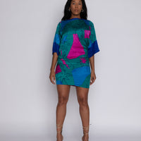 90's Silk Asymmetrical Multi Color Geometric Dress