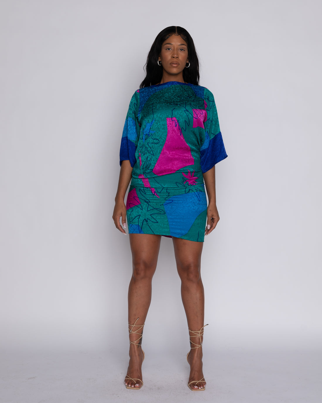 90's Silk Asymmetrical Multi Color Geometric Dress