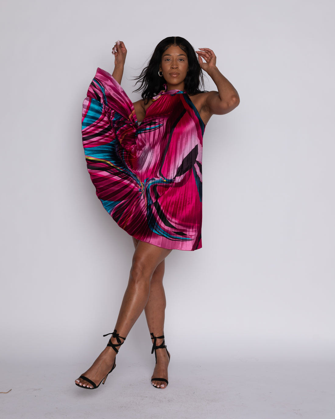 REIMAGINED Geometrical Pink Multi-Colored Trapeze Neck Tie Dress