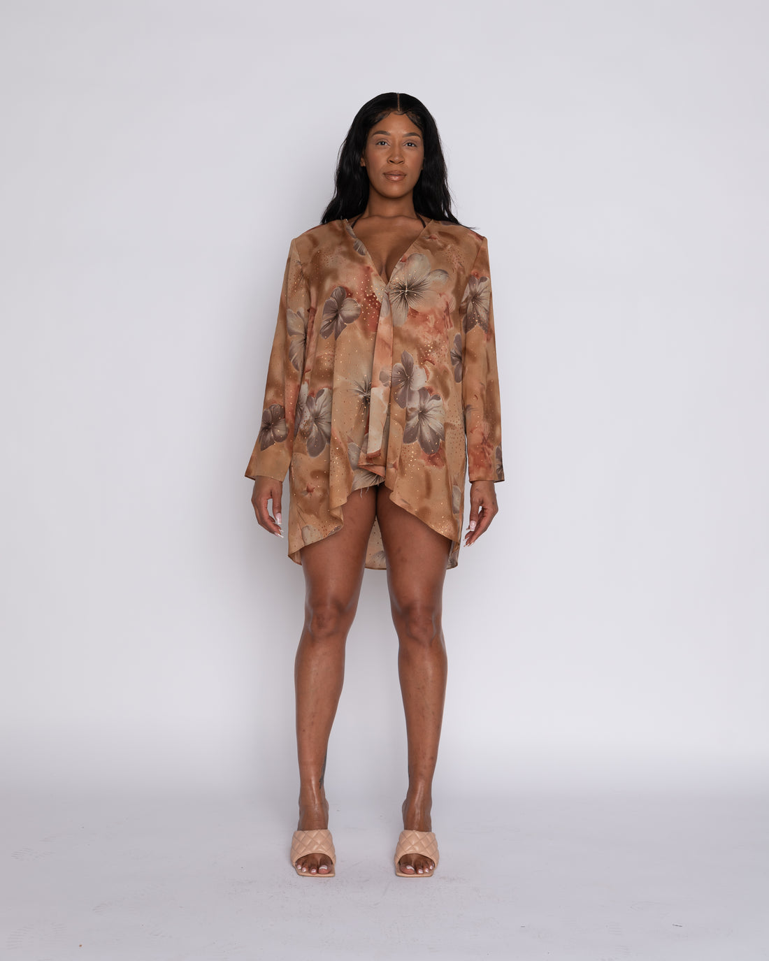 80'S Floral Champagne Cover Up Dress Shirt